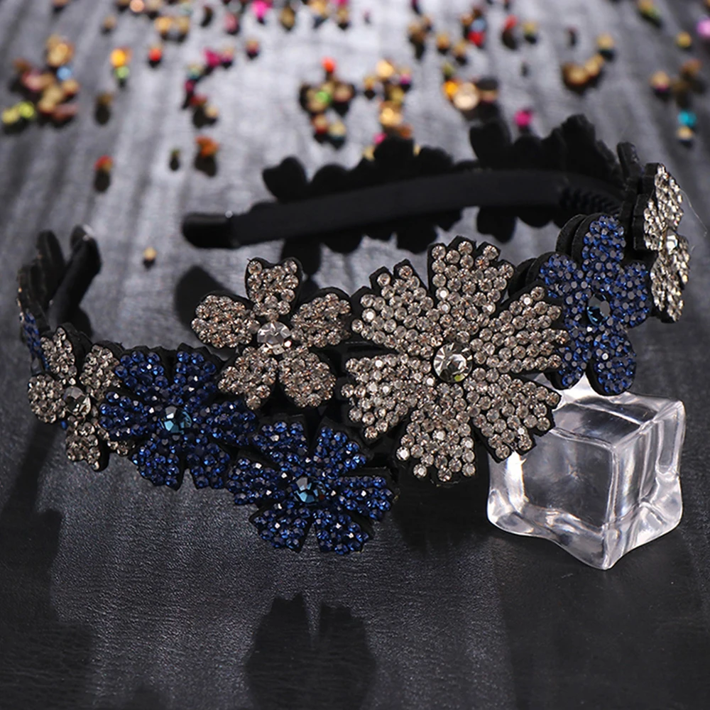 Double Flower Wide Side Head Wear Luxury Headband for Women Rhinestone Non-slip Border Girls Hairpin Fancy Hair Accessories Gift