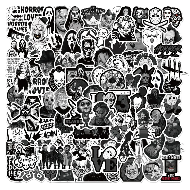10/30/50/100pcs Noir Et Blanc Vent Film D\'horreur Thème Guitare Ordinateur Portable Bagages Réfrigérateur Voiture-Style Vinyle Decal Maison