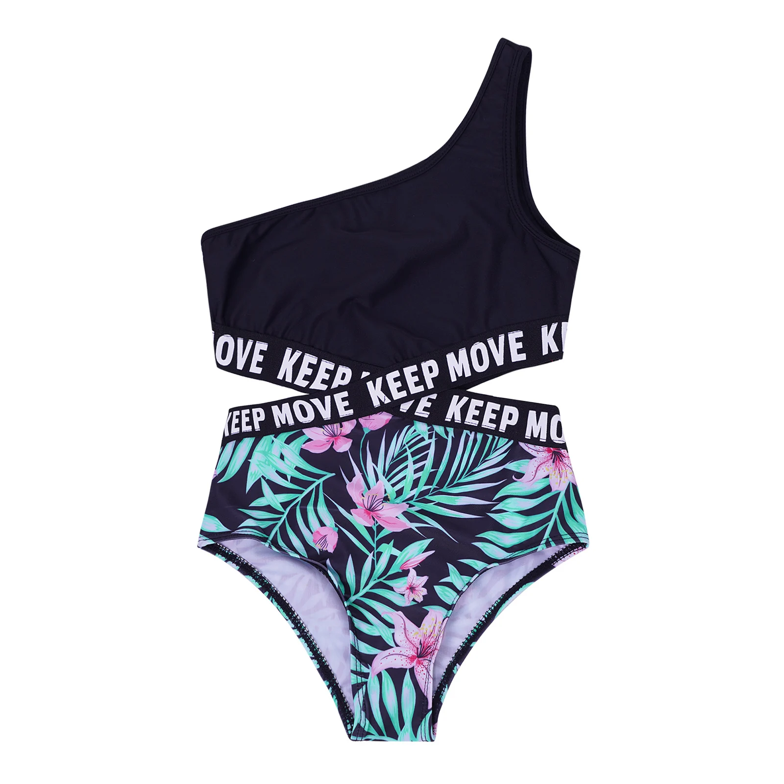 Kids Girls One-piece Swimwear Bodysuit Single Shoulder Letter Print Swimsuit Pool Bathing Suit Beachwear Sportswear Bathing Suit