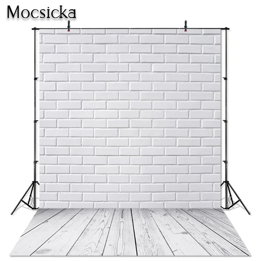 Mocsicka 7x5ft Gray White Brick Wall Photography Backdrop Wood Floor Baby Pet Cake Smash Portrait Photo Background Photocall