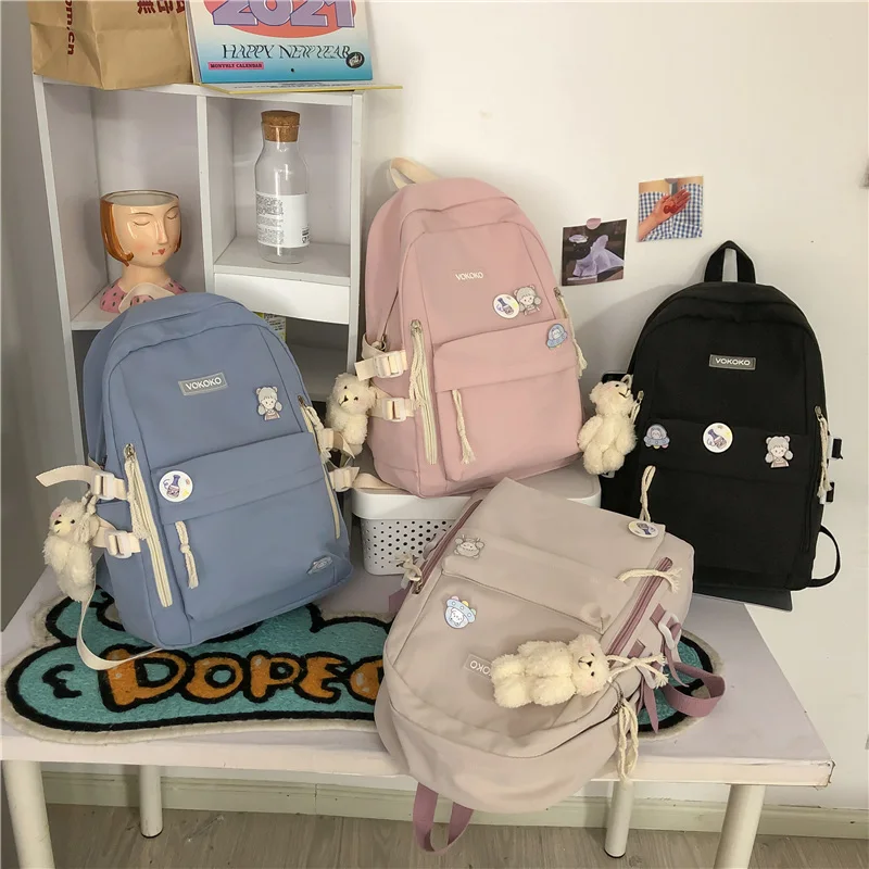 NEW Women Solid Color Nylon Backpack Bag School Book Backpack Girl Teenage Female Casual Travel Pink Large College Mochila Mujer