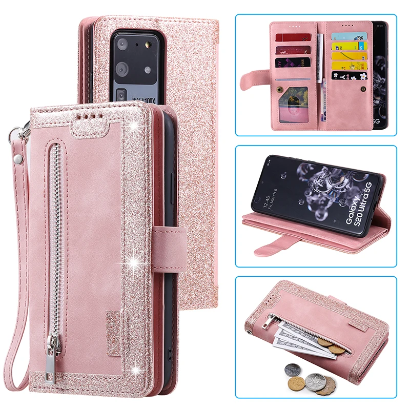 

New 9 Cards Zipper Flip Leather Case For Samsung S21 S20 FE S20 Ultra S10 S8 S9 Plus A71 A552 A50 A82 A72 Wallet Book Phone Case