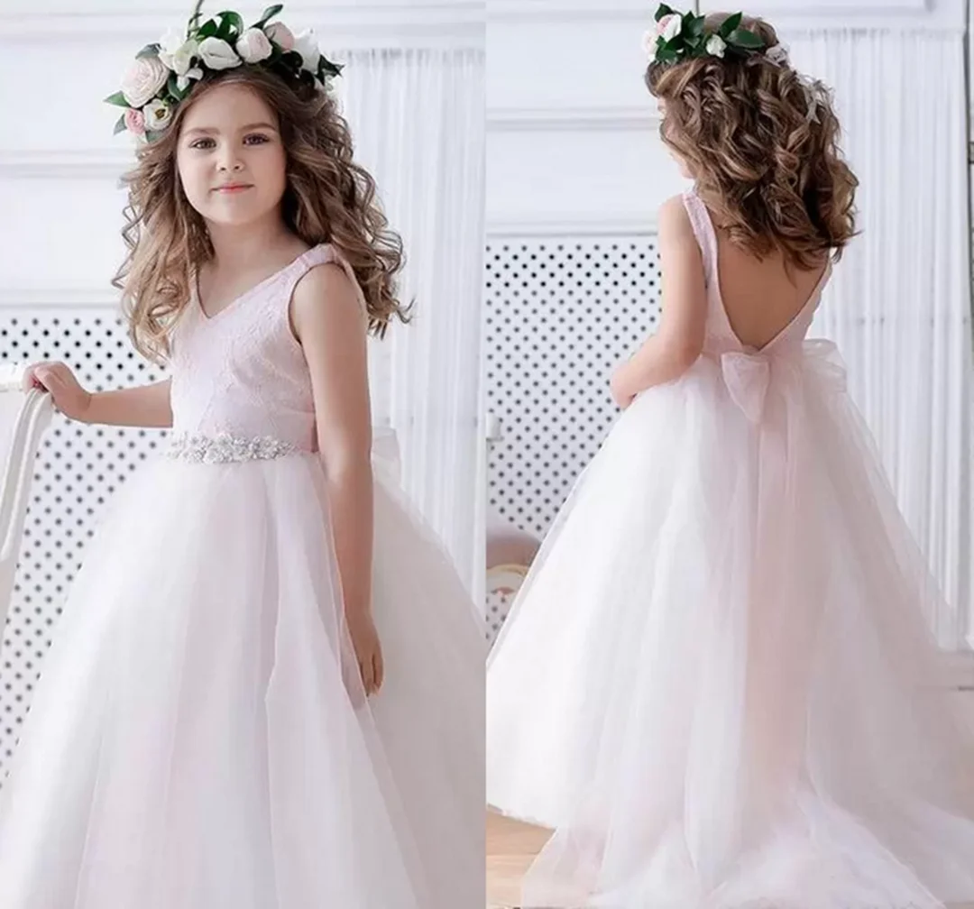 Erröten Rosa Open Back Blume Mädchen Kleider Sparkly Lange l Formale Hochzeit Kleid Kinder Party Geburtstag Pageant Kleid