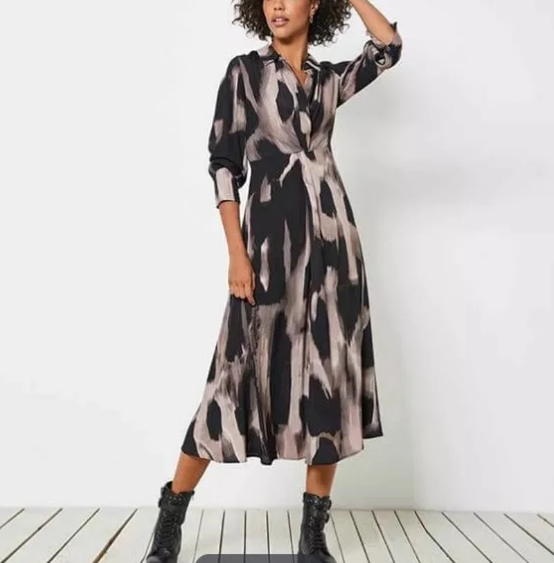 

100% Rayon Autumn Leopard Pattern Intellectual Mature Sexy Lapel Waist Knotted Pleated Long-sleeved Long Dress