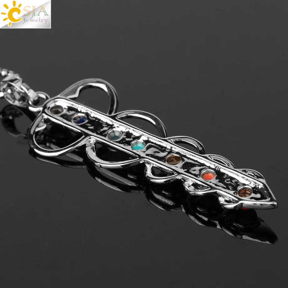 CSJA Stone Beads Pendant Necklace Yoga Symbol Inlaid Reiki Energy Stone Healing Point 7 Chakra Charm Pendant Necklace E039