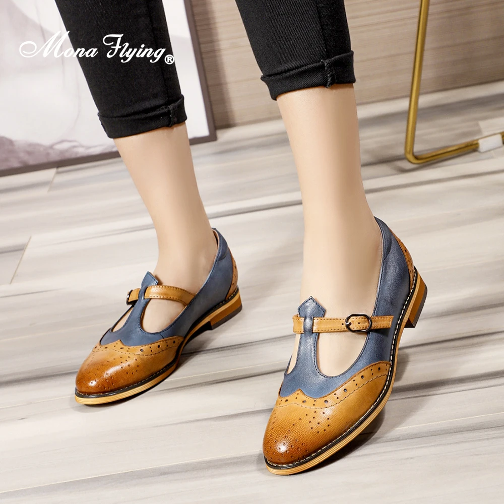 Mona Flying Women Genuine Leather Mary Jane Flat Casual Shoes Loafers Shoes with Buckle Ladies Shoes Elegant Low Heel A068-F103