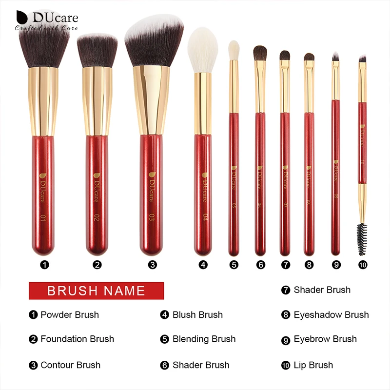 DUcare 10Pcs Red Makeup Brush Set Powder Eyeshadow Foundation Eyebrow Contour Blending Cosmetics Brushes maquillage with Bag