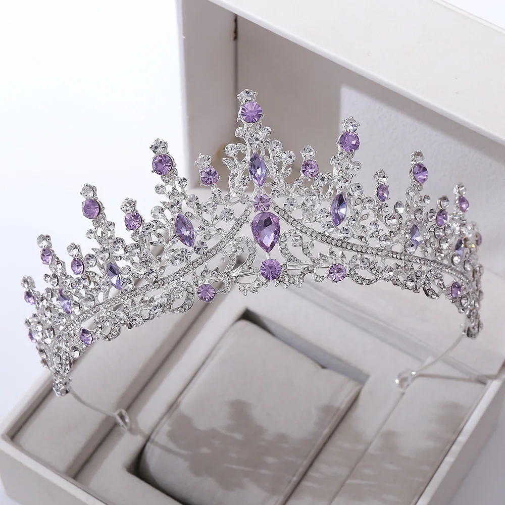 Gorgeous Silver Color Purple Rhinestone Tiaras Crowns Headbands Bride Party Crystal Diadem Bridal Wedding Hair Jewelry Ornaments