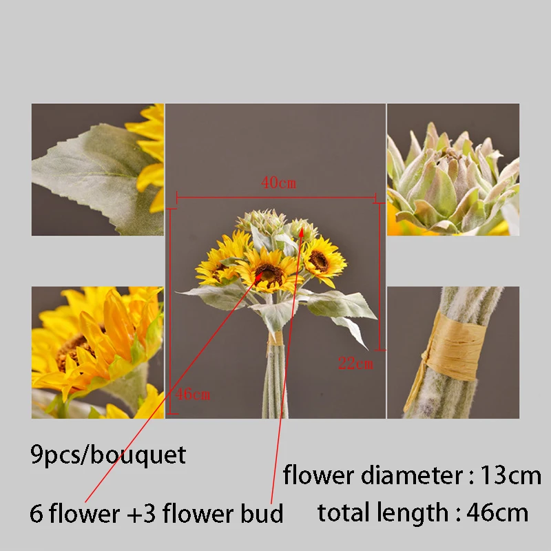 9pcs/Bouquet Silk Sunflower Artificial Flower 46Cm Real Touch Fake Plant for Wedding Decoration Flowers Home Garen Decoration