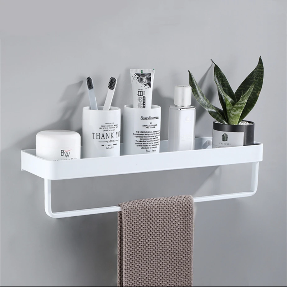 Storage Rack Bathroom Shelf White Aluminum Commodity Shelves Kitchen  Shower Shampoo Holder With Towel Hanging Bars Wall Mounted