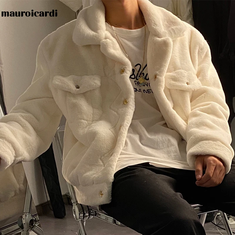 Mauroicardi Winter White Short Soft Warm Faux Fur Coat Long Sleeve Plus Size Designer Men Streetwear Clothing Fluffy Jacket 2021