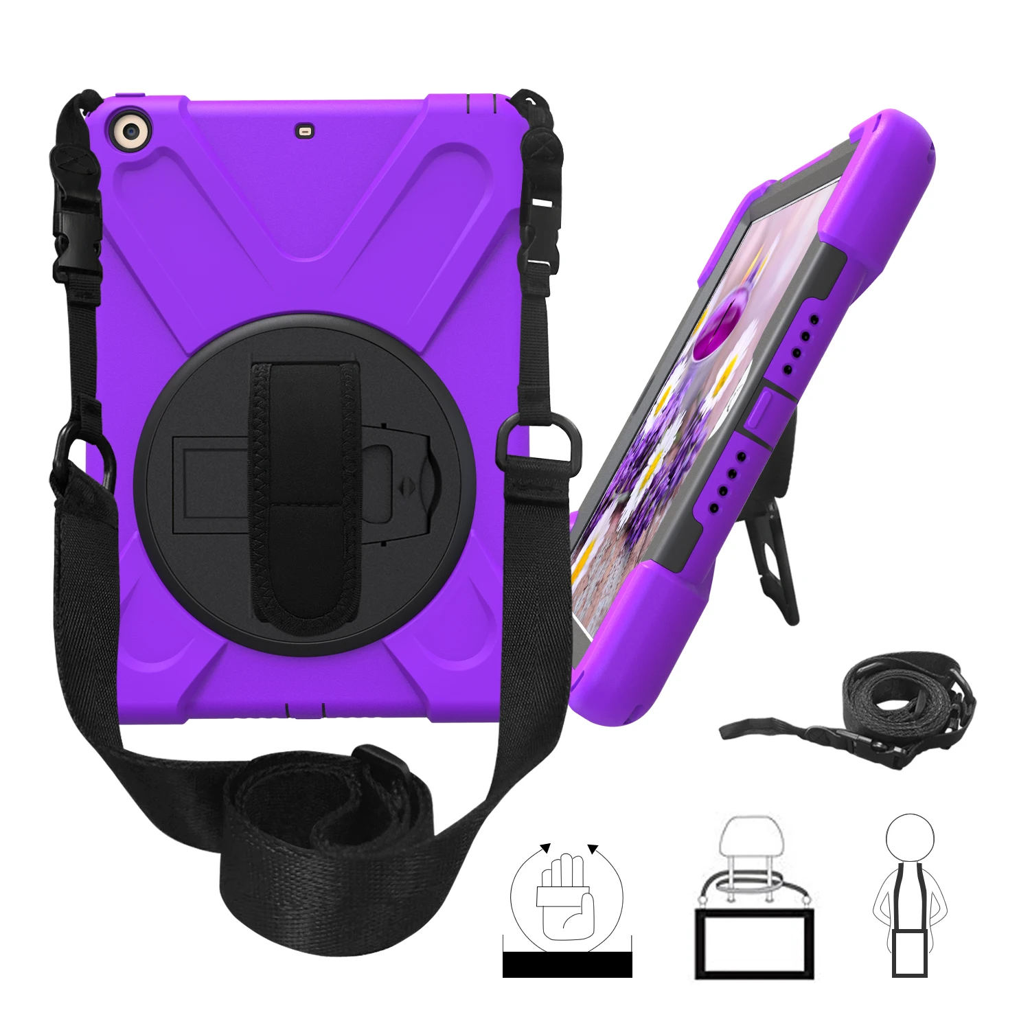 Case For iPad 6(A1566,A1567)/iPad Air 2, Heavy Duty Kids Protector Hard Cover Rotating kickstand / Hand bracel +Shoulder Strap