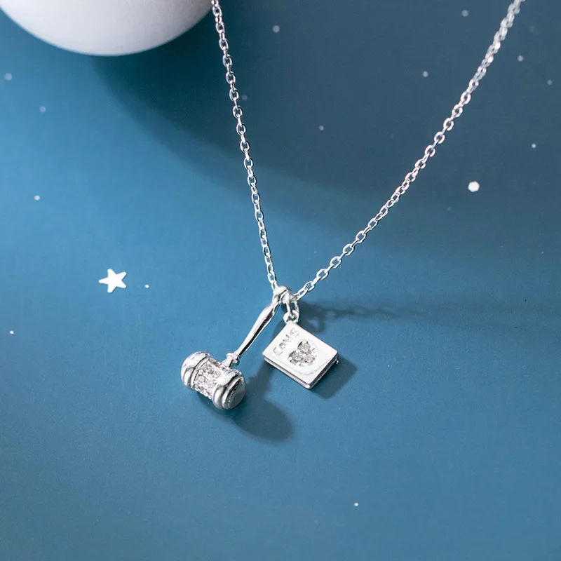 

MIQIAO Female 925 Sterling Silver Love Silver Medal Small Hammer Clavicle Chain Women Necklace Cute Exquisite Diamond Zircon