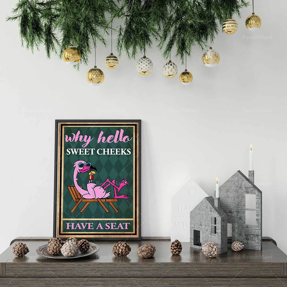 Bird poster-why hello sweet cheeks have seat posters, retro pink bird wall bathroom decoration, gift for animal lovers