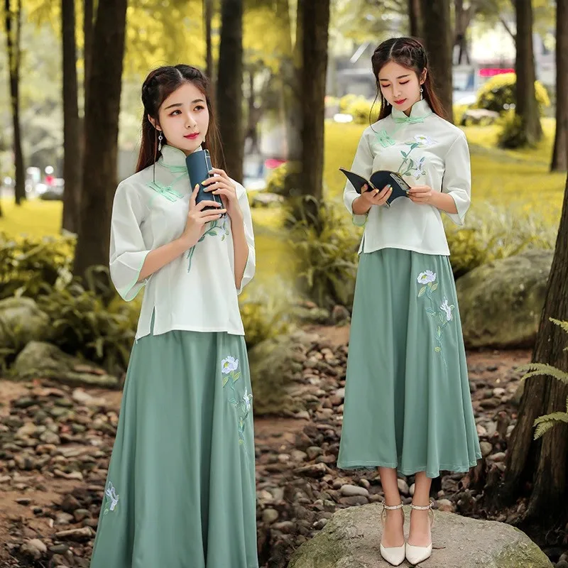

Traditional Chinese Style Women Hanfu Elegant Tang Dynasty Folk Dance Stage Performance Outfit Two-Piece Suit Stand Collar