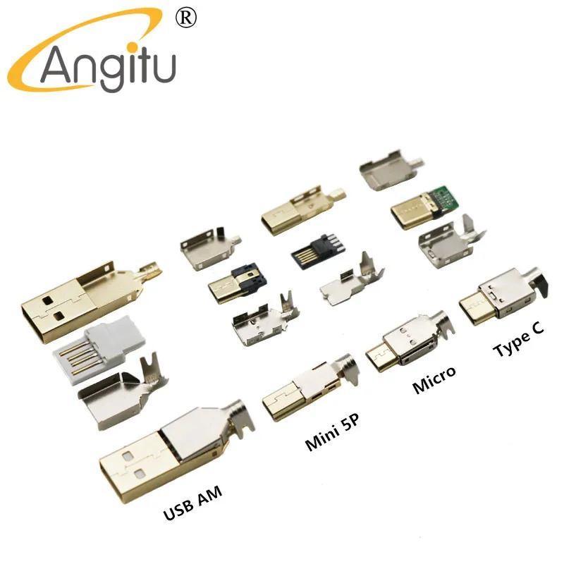 Angitu لتقوم بها بنفسك USB AM ، USB C/نوع C ، ميركو 5p ، مصغرة 5P المقبس التوصيل مطلية بالذهب ل لوحة المفاتيح USB كابل 5/10 قطعة/الوحدة