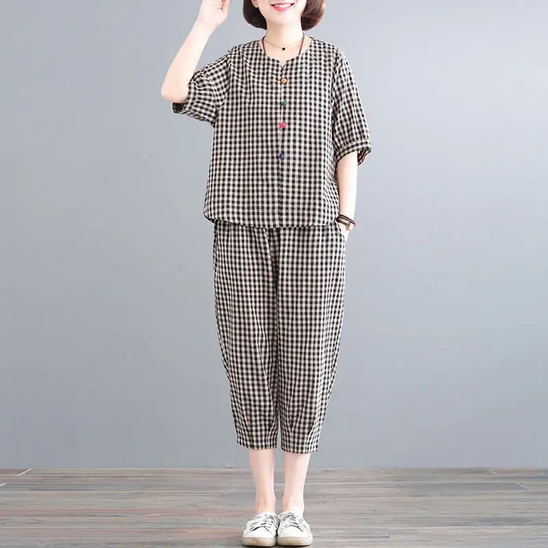 Oversized Sets Women Summer Trendy Loose Short Sleeve Shirts Suits Casual Plaid Shirt And Cropped Pants Vintage Two Piece Set