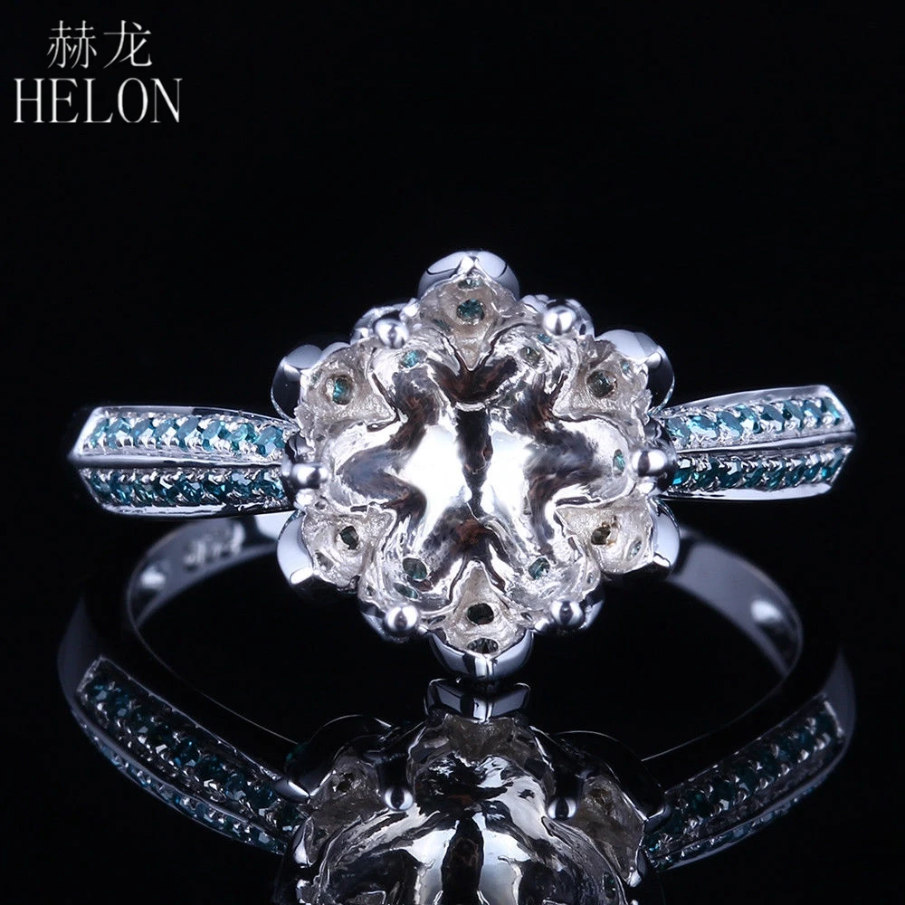 HELON Round 8-9mm Real 14k White Gold Pave 0.4ct Genuine Blue Diamond Semi Mount Engagement Wedding Ring Lotus Flower Jewelry