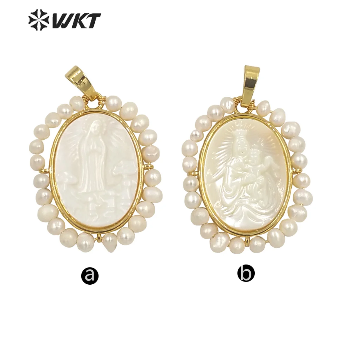 WT-JP264 WKT New Design Fashion Gold Bezel Religious Pearl Christian Pendants Oval Shape Virgin Mary Hand Carved For DIY