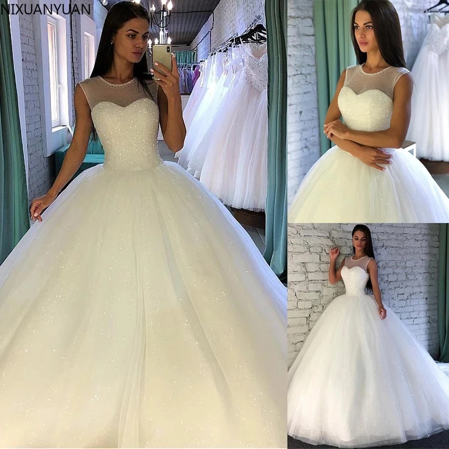 

Vestido De Festa Longo Shining Sequin Tulle Jewel Neckline Ball Gown Wedding Dress with Beadings Sleevelss Bridal Gowns