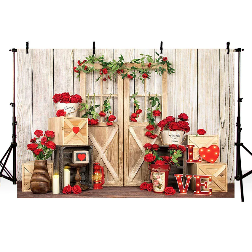 Mehofond-fondo fotográfico con diseño de rosa roja para estudio fotográfico, telón de fondo con diseño de flor y jardín, puerta de madera, pared, amor, Día de San Valentín, retrato