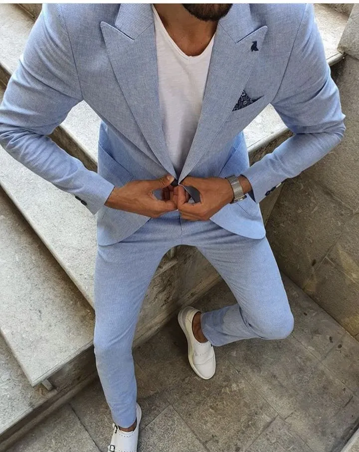 Casual Light Blue Men Suit 2 Pcs Slim Fit Costume Homme Peaked Lapel Wedding Suits for Men Prom Tuxedo Blazers ( Jacket+Pants)