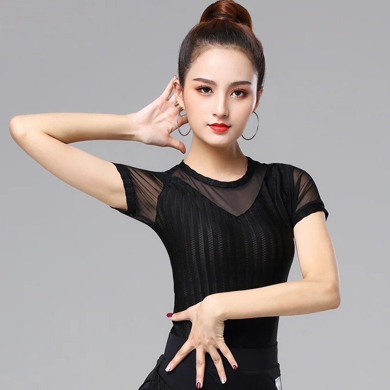 

H2627 Women Latin Dance Top Short Sleeve Black Mesh Yarn Costumes Modern National Standard Dance Performance Competiton Clothes