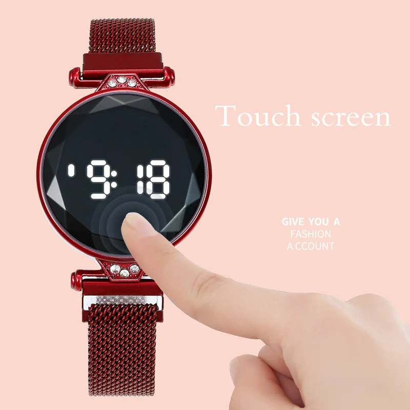 2020 Women Watches Fashion White Numbers Touch Screen Led Digital Watches Mesh Band Magnetic Buckle Electronic Watch Reloj Mujer