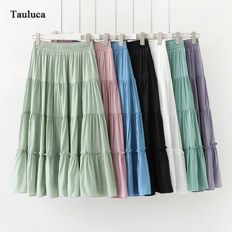 Korean Fashion Women Cake Skirts Solid Stringy Selvedge Elastic Faldas Mujer Moda Harajuku Saia Skirts Pleated Long Skirts Girls