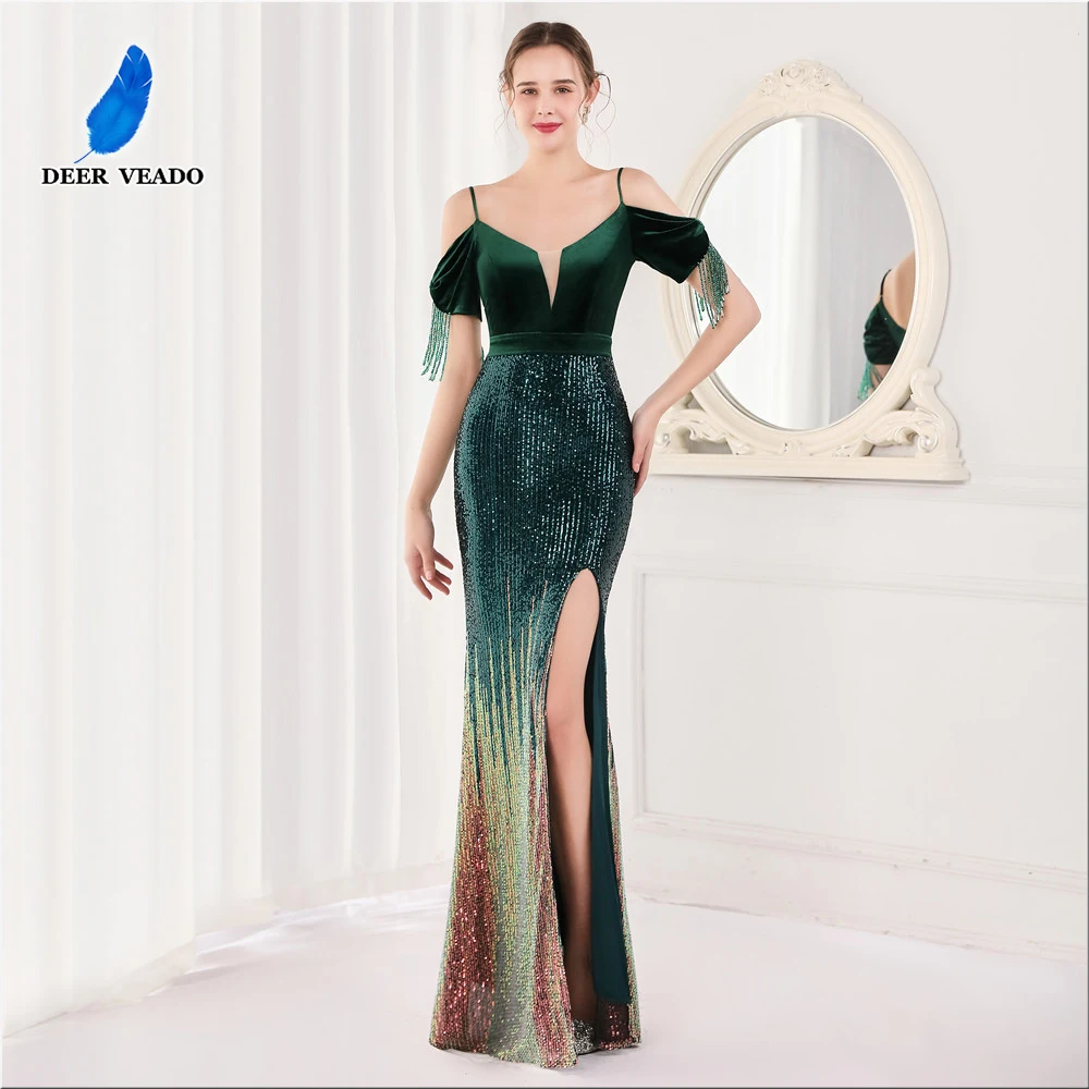 DEERVEADO K18829 Prom Dresses 2022 New Emerald Green Maxi Dress for Women Mermaid Sequin Party Dresses Prom Gown