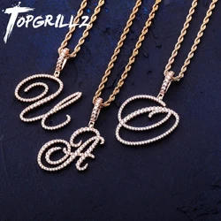 TOPGRILLZ New A-Z Cursive Letters Name Pendant&Necklace Iced Out Cubic Zircon Gold Silver Color Charm Hip Hop Jewelry