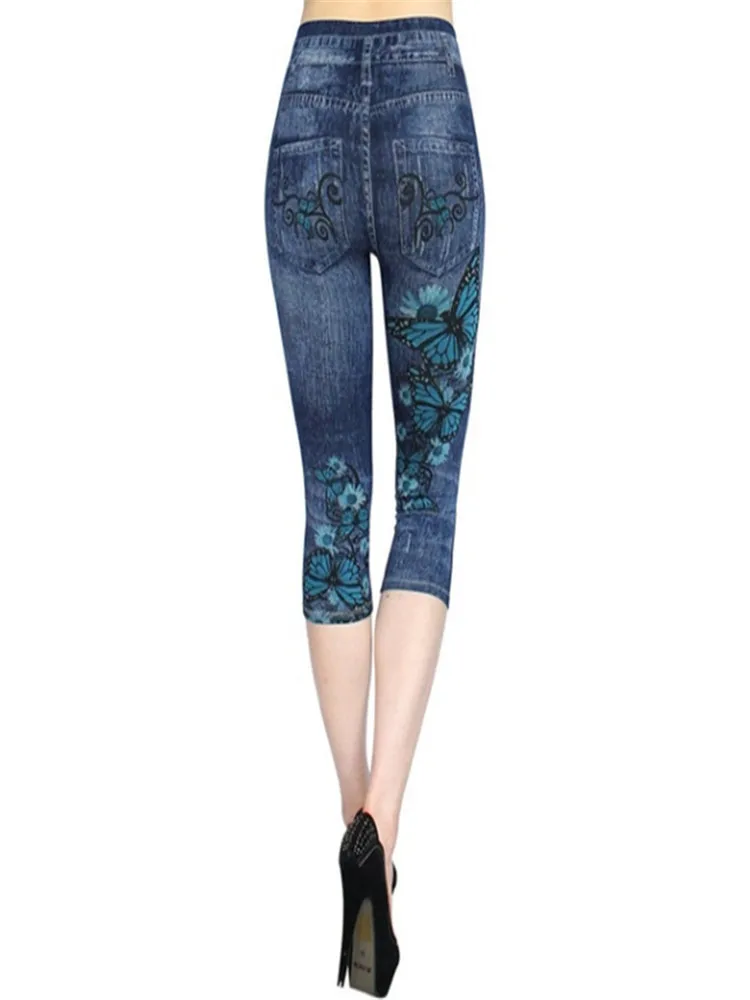 YRRETY Frauen Hohe Taille Jeans Leggings Drucken Mid-Kalb Hosen Dünne Nachahmung Stretch Kurze Sommer Atmungs Neue Tropfen Verschiffen