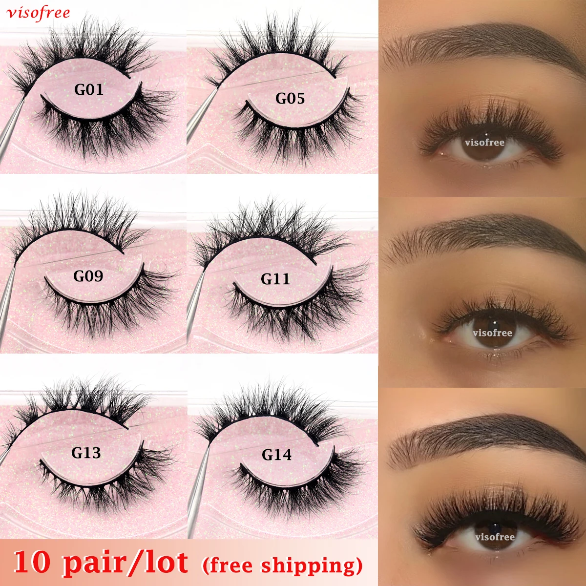 Faux-cils en vison 3D sans vison, longs, naturels, 10 paires, 8-14mm, maquillage, en vrac, vente en gros