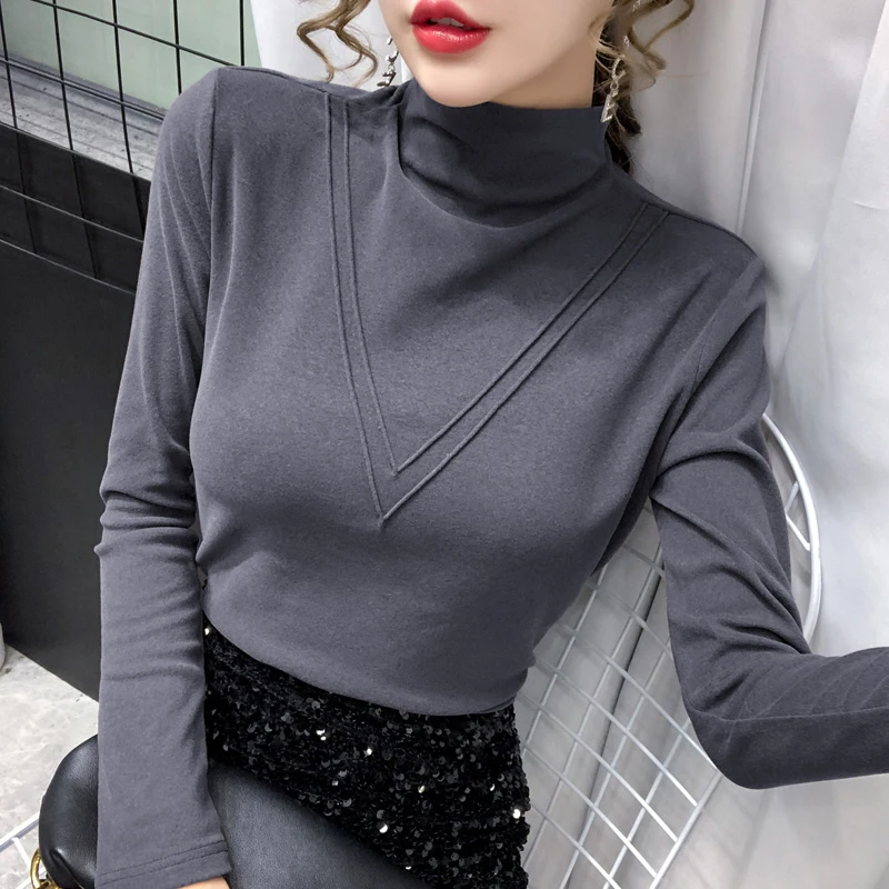 turtleneck slim fit tshirt femme cotton tee shirt camisas mujer 2024 t-shirt thicken t shirt long sleeve tops womens clothing