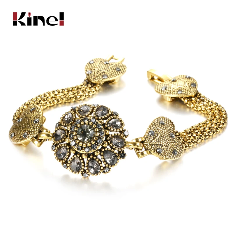 Kinel Luxury Boho Bracelet For Women Tibetan Antique Gold Color Grey Crystal Bangle Vintage Ethnic Wedding Jewelry