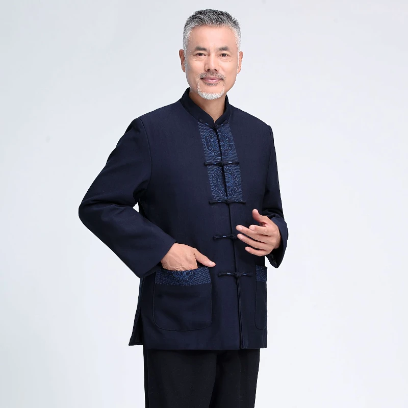 Traditional Chinese Style Kung Fu Tai Chi Uniform Embroidery Hanfu Blouse Men Vintage Jacket Middle-aged and Elderly Tang Suit