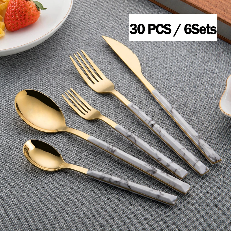 30pcs Dinnerware Set Imitation Wooden Handle Gold Cutlery Set Marble Stainless Steel Knife Fork Spoon Tableware Cutleries Sets