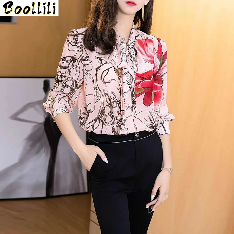 Boollili Women's Shirt 100% Silk Vintage Blouse Women Clothes 2020 Spring Office Women Blouses Elegant Ladies Tops Ropa Mujer