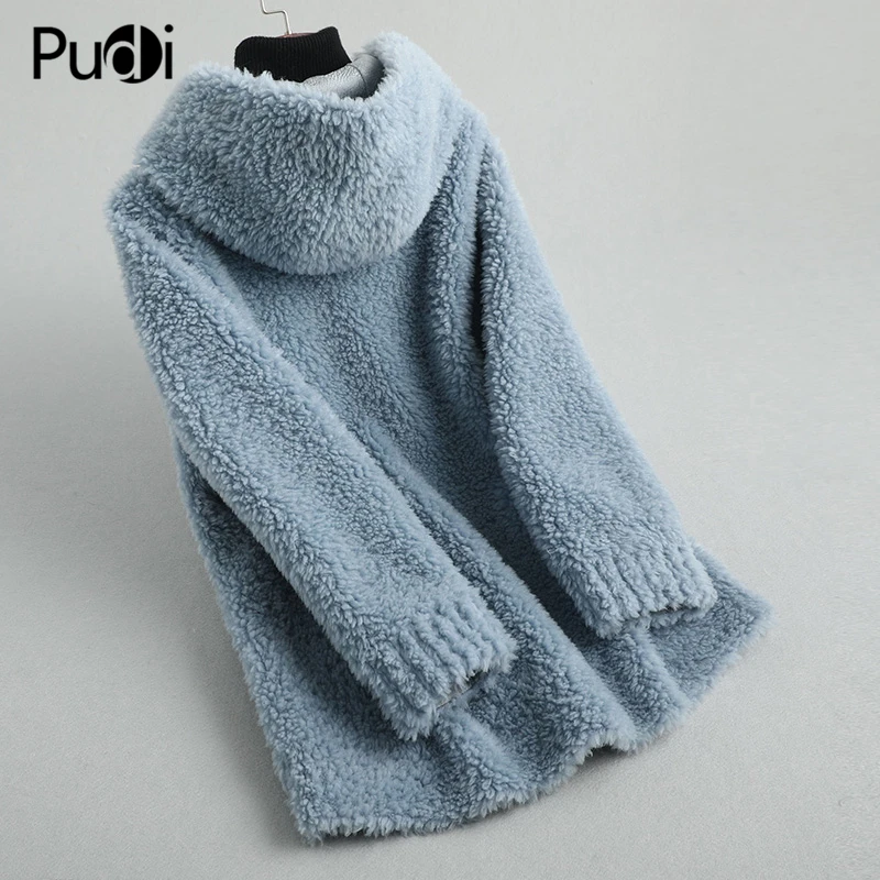 PUDI ผู้หญิงฤดูหนาวขนสัตว์จริงขนเสื้อแจ็คเก็ตหญิงสาวแกะ Hooded เสื้อโค้ท Lady Fur Parka Jacket เสื้อกันหนาว A59428