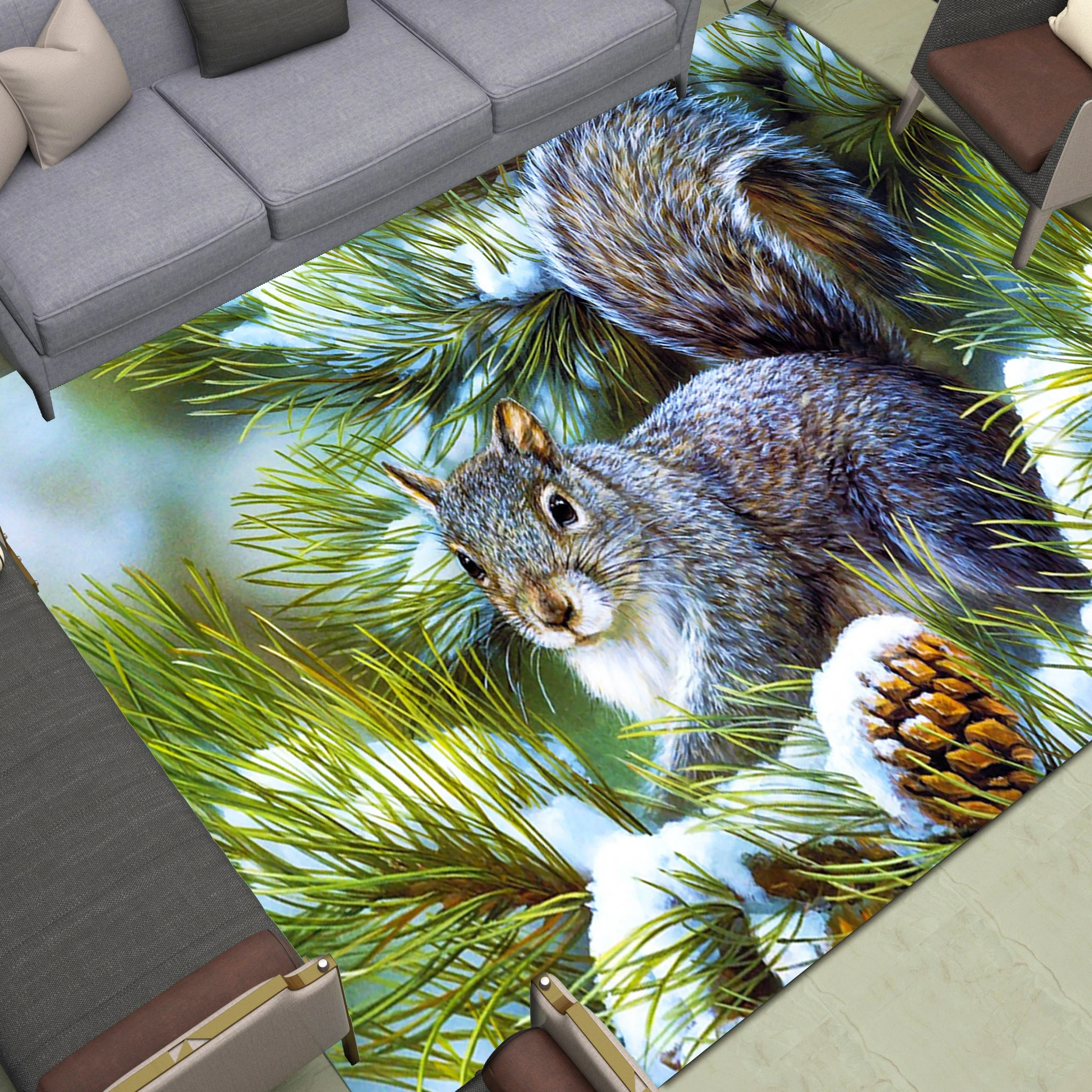 

Squirrel In The Snow Area Rugs Large Branches Pinecone Floor Mat Home Living Room Bedroom Hallway Dormitory Anti Slip Carpet