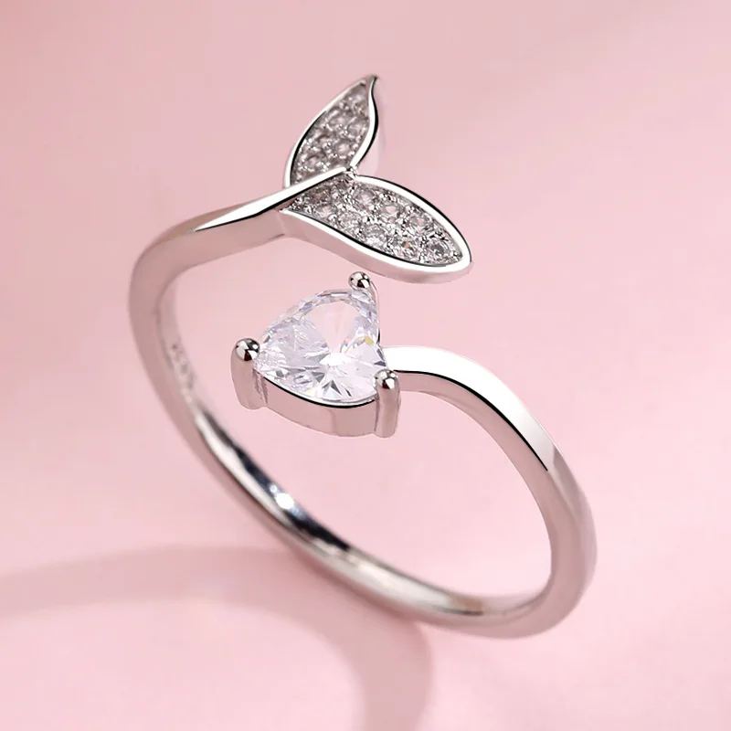 Trendy Silver Color Mermaid Tail Cuff Ring With Cubic Zirco Sea Whale Fish Tail Bague Love Heart Crystal Rings Romantic Gifts