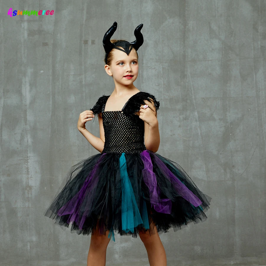 Little Devil Fancy Tutu Dress with Horns Girls Halloween Witch Cosplay Party Costume Feathers Embellished Tulle Dresses