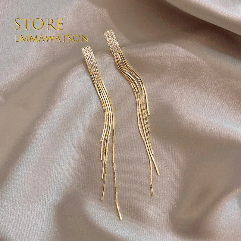 Vintage Gold Color Bar Long Thread Tassel Drop Earrings for Women Glossy Arc Geometric Latest 2022 Fashion Jewelry Hanging Pendi