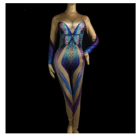 Sexy Stretch Crystals Bodysuit Female costume blue Butterfly Rhinestones Jumpsuit Bar Singer Stage wear performance Party