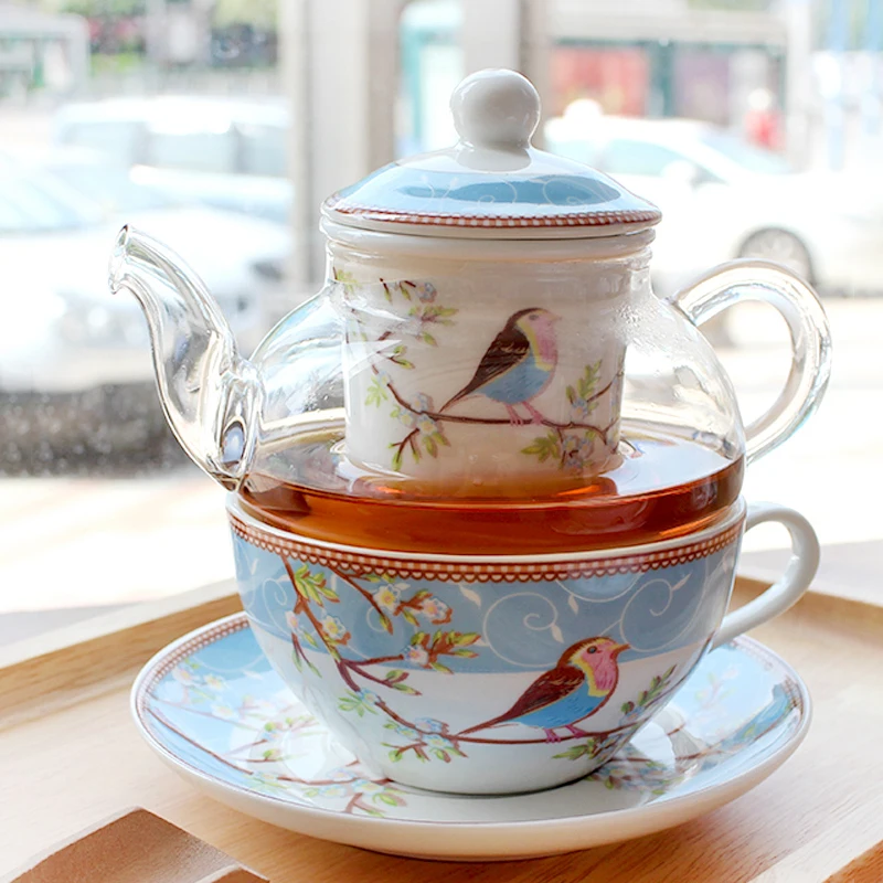 

Bird and Flower Tea for One Set Rose Blue Teapot Saucer and Teacup Fine Bone China Teaware with Gift Box