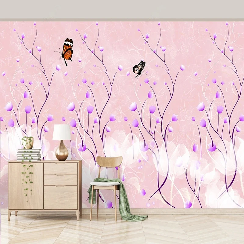 

Custom Size Modern Creative Pink Purple Flowers Painting Living Room Bedroom Sofa Background Wall Decorative Mural Non-woven 3D