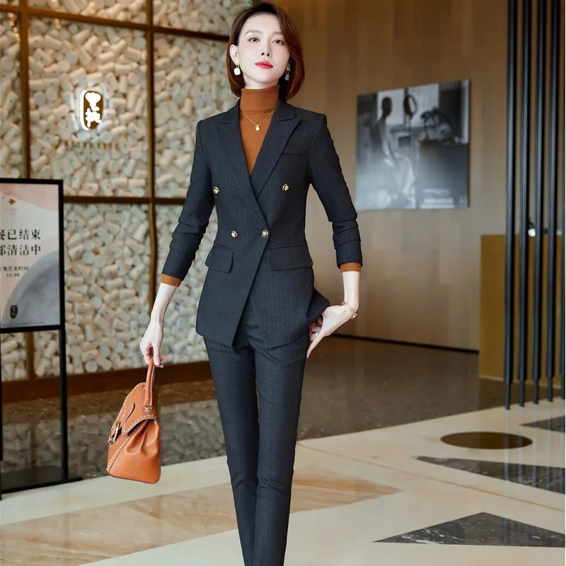 

Autumn Winter Women Blazer And Pants 2 Piece Suit OL Styles Fashion Black Jacket Coat Blaser Formal Professional Trouser Suits