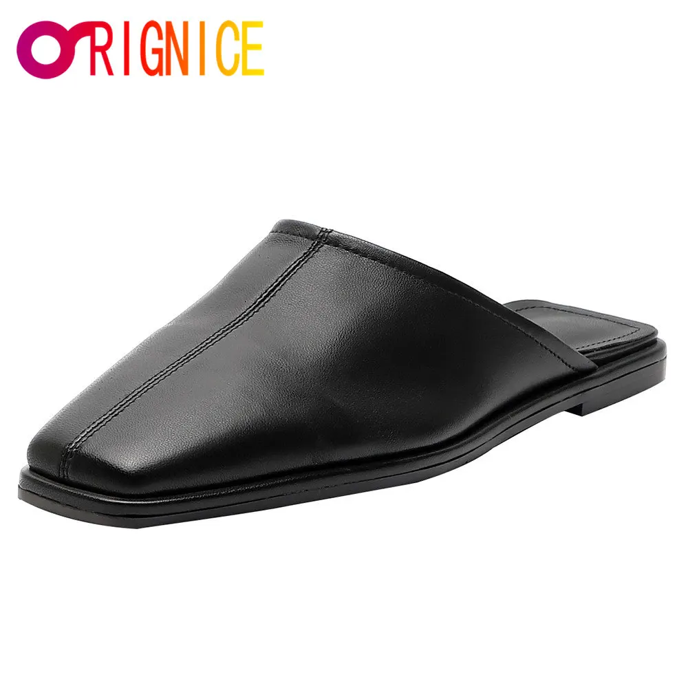 

Orignice New Brand Women Soft Sheepskin Flat Mules Fashion Square Toe Office Ladies Slippers Slip On Outdoor Shoes Black Apricot