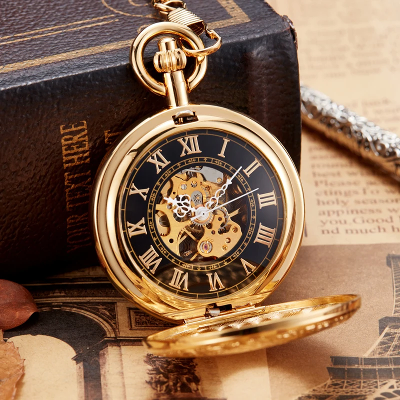 Luxury Gold Mechanical Pocket Watch Vintage Copper Male Clock Hand Wind Square Necklace Watch Chain For Men Women Gift