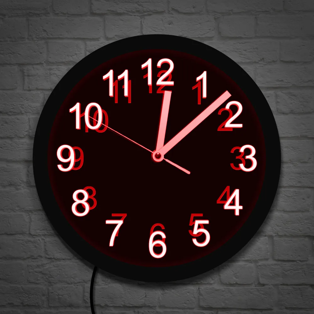 Arabic Numerals LED Illuminated Wall Clock Home Decorative Acrylic Round Wall Hanging Watch Black Frame Night Light Horologe